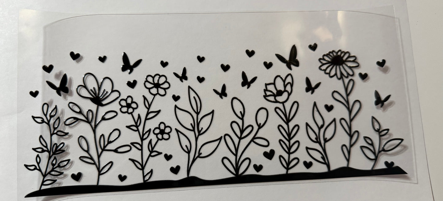Black and white flowers with butterflies