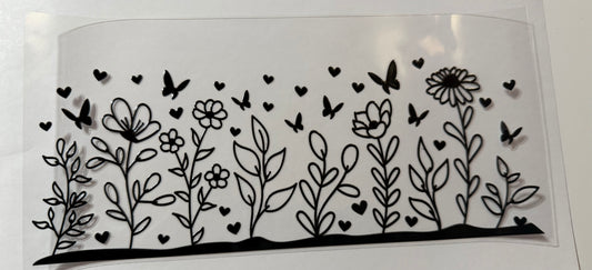 Black and white flowers with butterflies